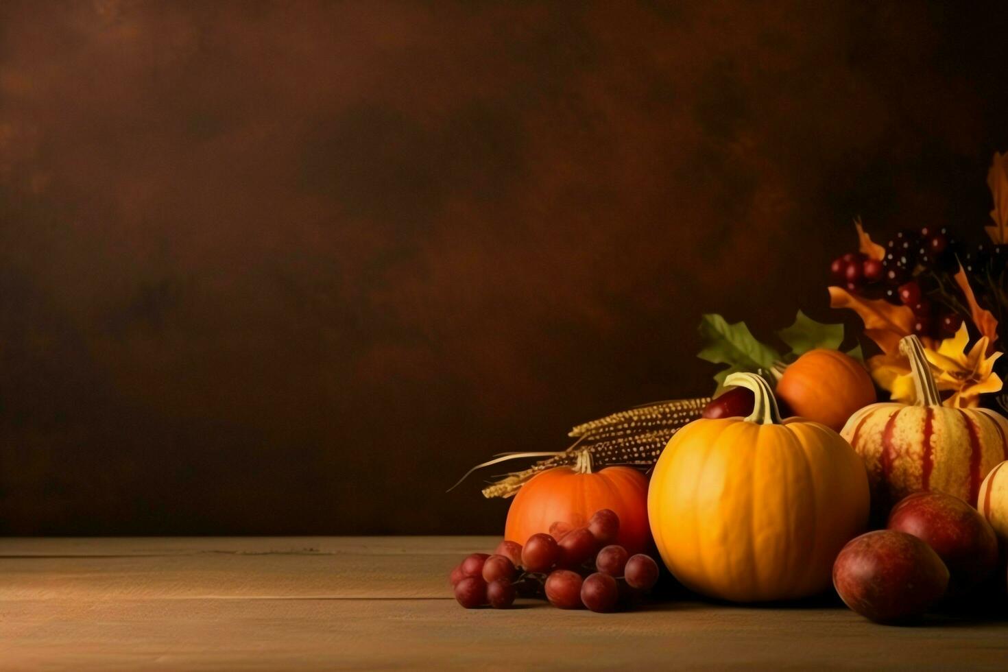 Thanksgiving day or autumn composition with pumpkin, oranges, leaves or chicken. Thanksgiving food concept by AI Generated photo