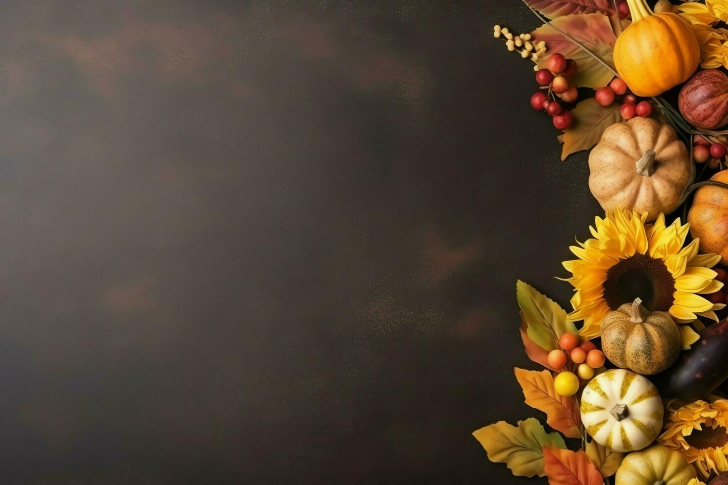 Thanksgiving day or autumn composition with pumpkin, oranges, leaves or chicken. Thanksgiving food concept by AI Generated photo