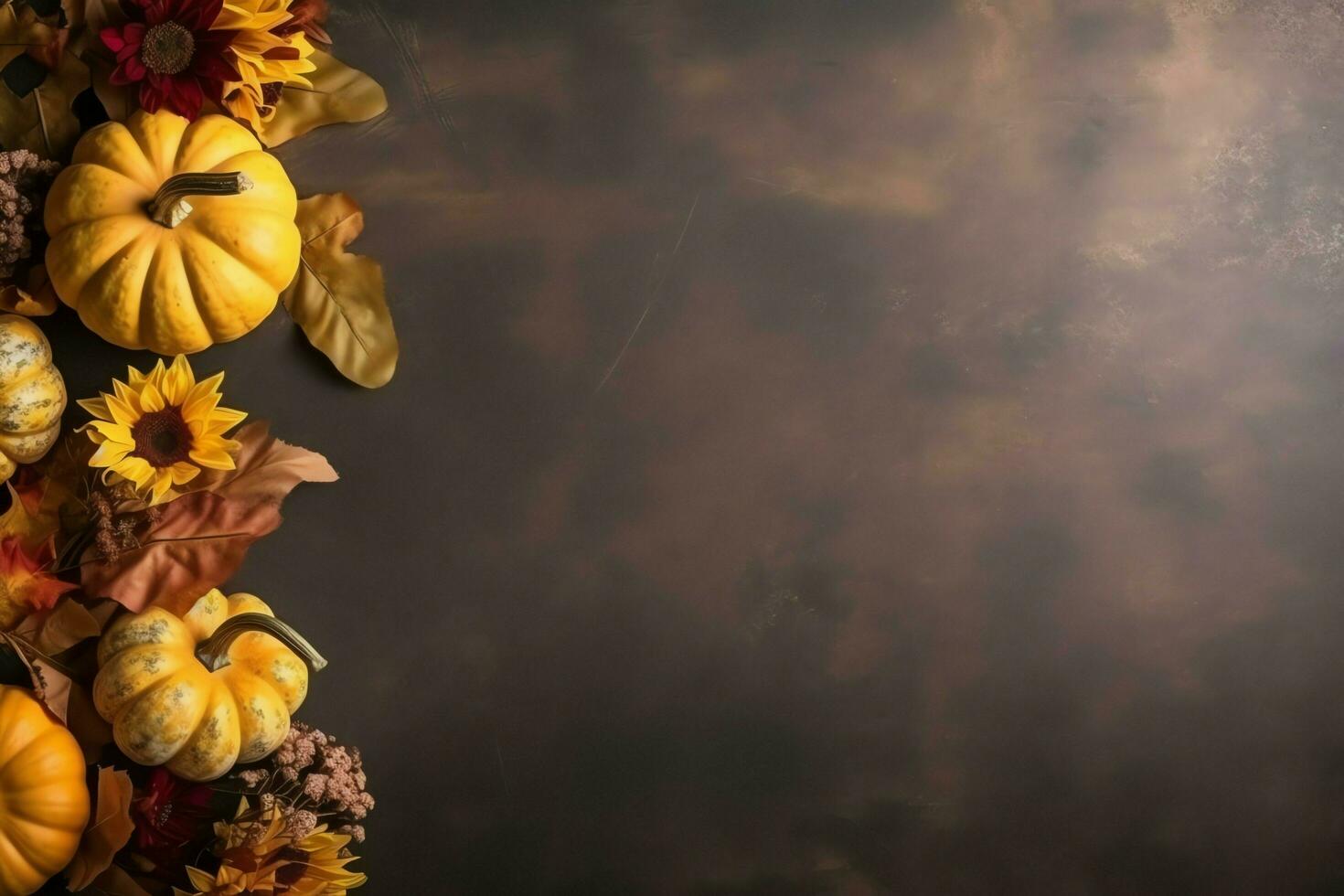Thanksgiving day or autumn composition with pumpkin, oranges, leaves or chicken. Thanksgiving food concept by AI Generated photo