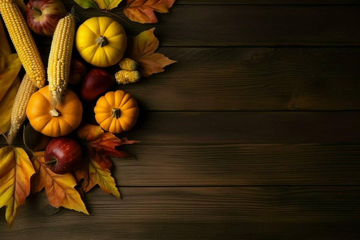 Thanksgiving day or autumn composition with pumpkin, oranges, leaves or chicken. Thanksgiving food concept by AI Generated photo