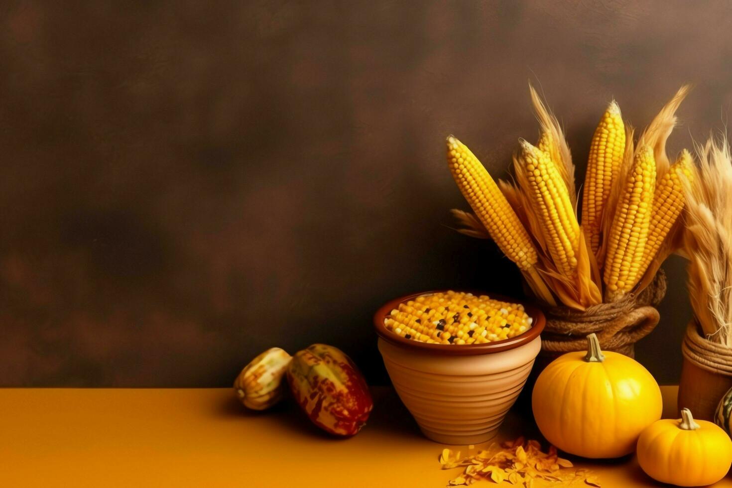 Thanksgiving day or autumn composition with pumpkin, oranges, leaves or chicken. Thanksgiving food concept by AI Generated photo