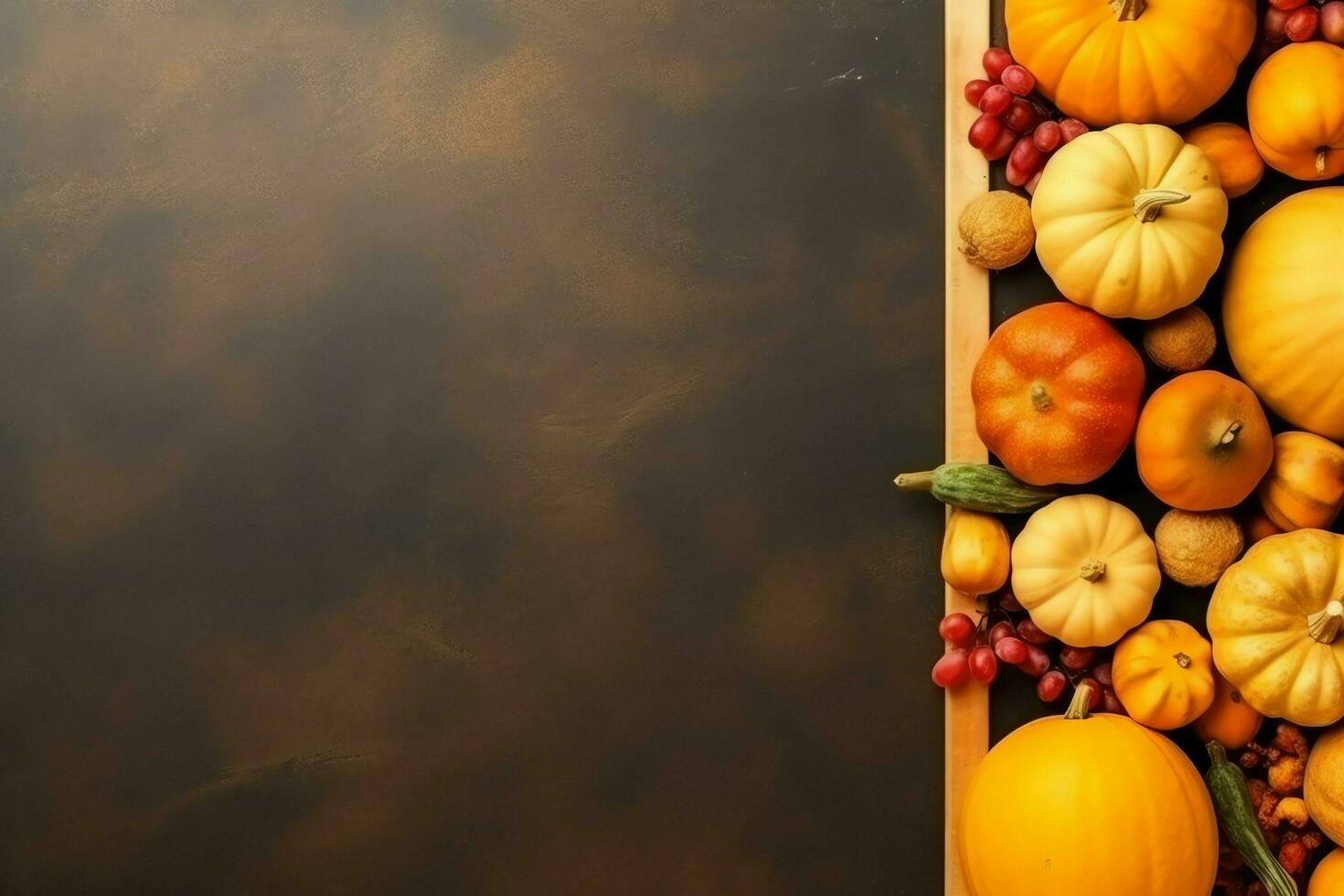 Thanksgiving day or autumn composition with pumpkin, oranges, leaves or chicken. Thanksgiving food concept by AI Generated photo