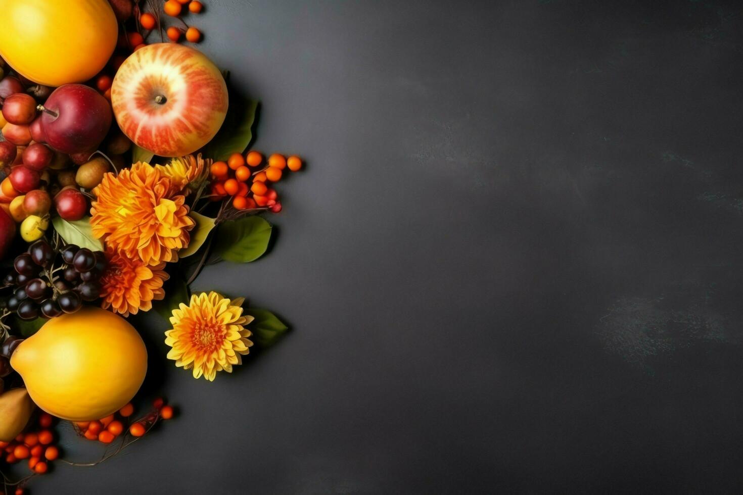 Thanksgiving day or autumn composition with pumpkin, oranges, leaves or chicken. Thanksgiving food concept by AI Generated photo