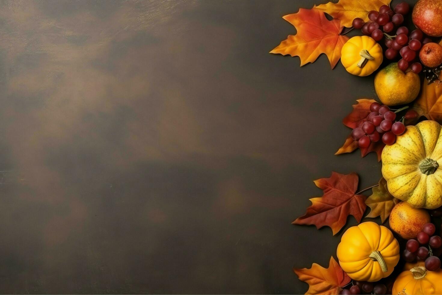 acción de gracias día o otoño composición con calabaza, naranjas, hojas o pollo. acción de gracias comida concepto por ai generado foto
