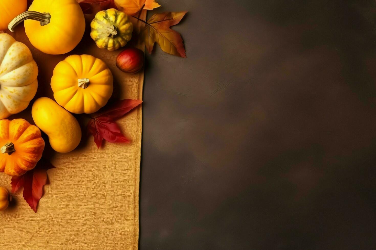 Thanksgiving day or autumn composition with pumpkin, oranges, leaves or chicken. Thanksgiving food concept by AI Generated photo