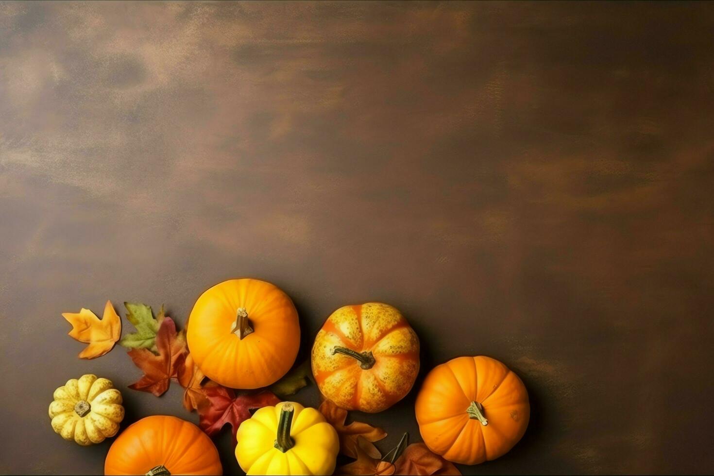 Thanksgiving day or autumn composition with pumpkin, oranges, leaves or chicken. Thanksgiving food concept by AI Generated photo
