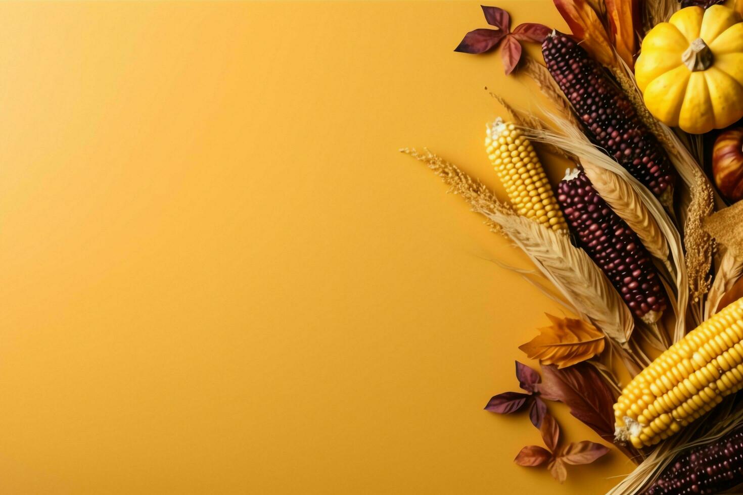 Thanksgiving day or autumn composition with pumpkin, oranges, leaves or chicken. Thanksgiving food concept by AI Generated photo