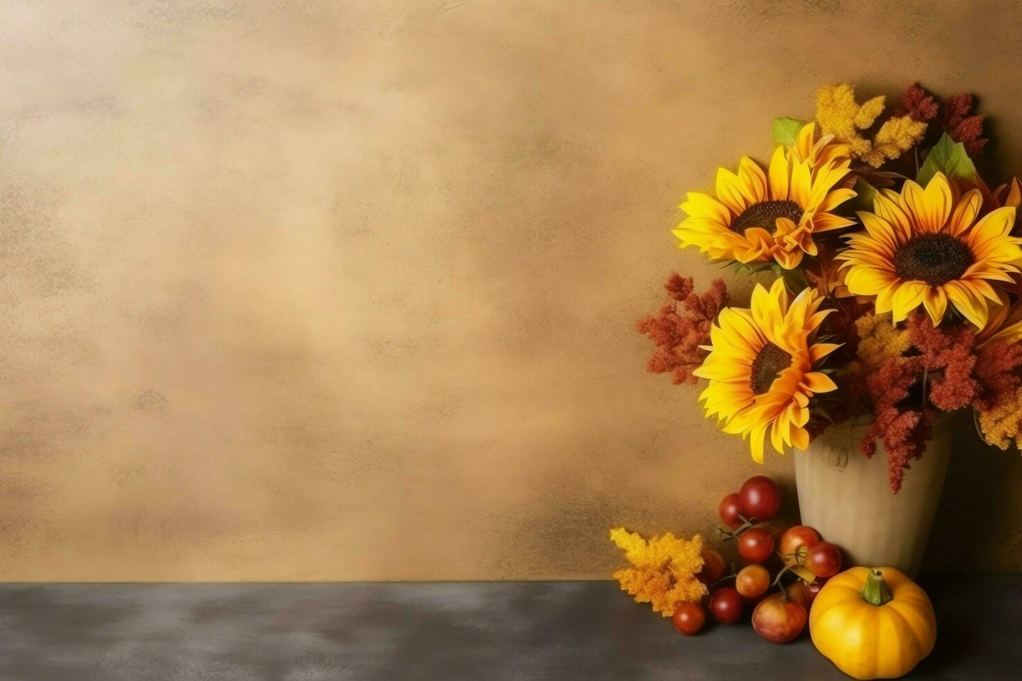 Thanksgiving day or autumn composition with pumpkin, oranges, leaves or chicken. Thanksgiving food concept by AI Generated photo