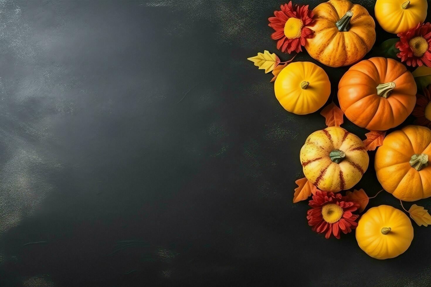 acción de gracias día o otoño composición con calabaza, naranjas, hojas o pollo. acción de gracias comida concepto por ai generado foto