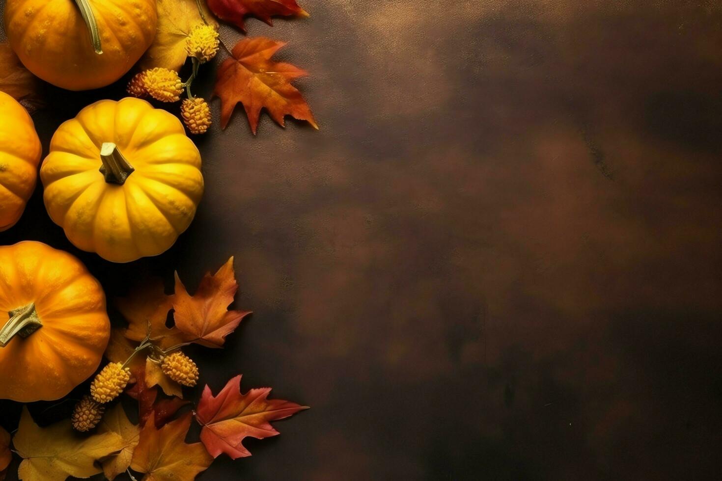 Thanksgiving day or autumn composition with pumpkin, oranges, leaves or chicken. Thanksgiving food concept by AI Generated photo