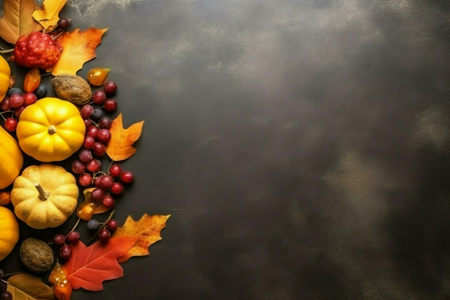 acción de gracias día o otoño composición con calabaza, naranjas, hojas o pollo. acción de gracias comida concepto por ai generado foto
