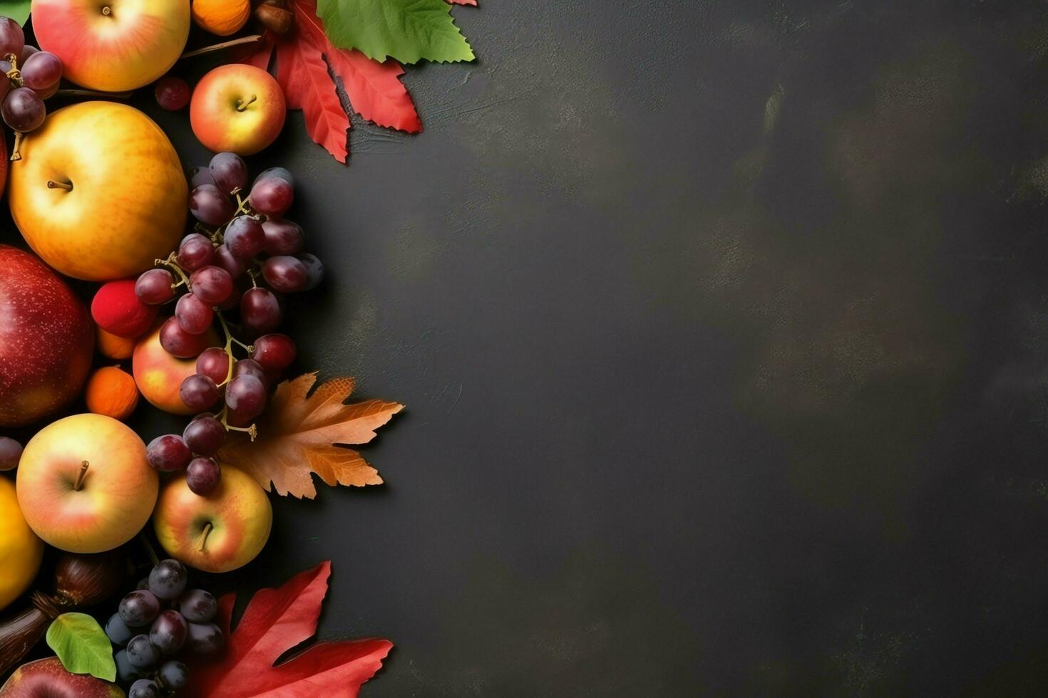acción de gracias día o otoño composición con calabaza, naranjas, hojas o pollo. acción de gracias comida concepto por ai generado foto