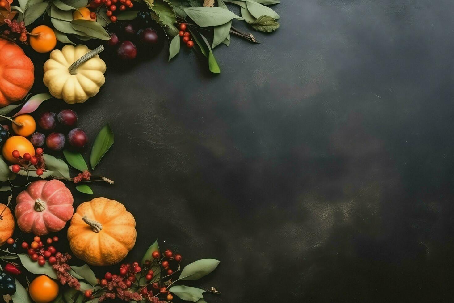Thanksgiving day or autumn composition with pumpkin, oranges, leaves or chicken. Thanksgiving food concept by AI Generated photo