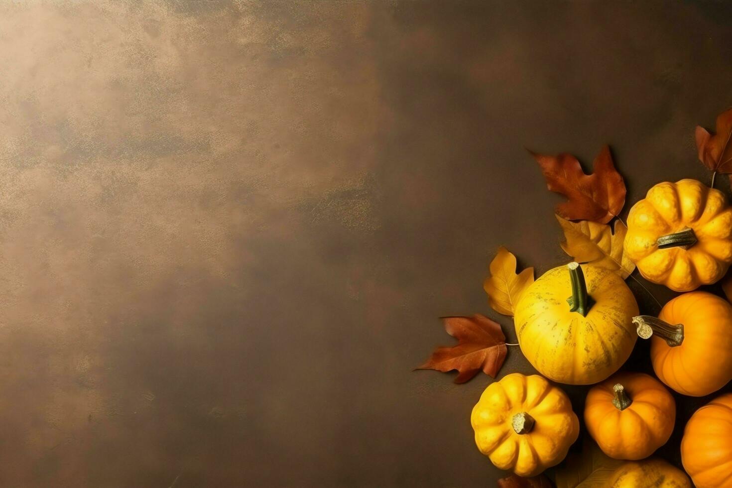 Thanksgiving day or autumn composition with pumpkin, oranges, leaves or chicken. Thanksgiving food concept by AI Generated photo