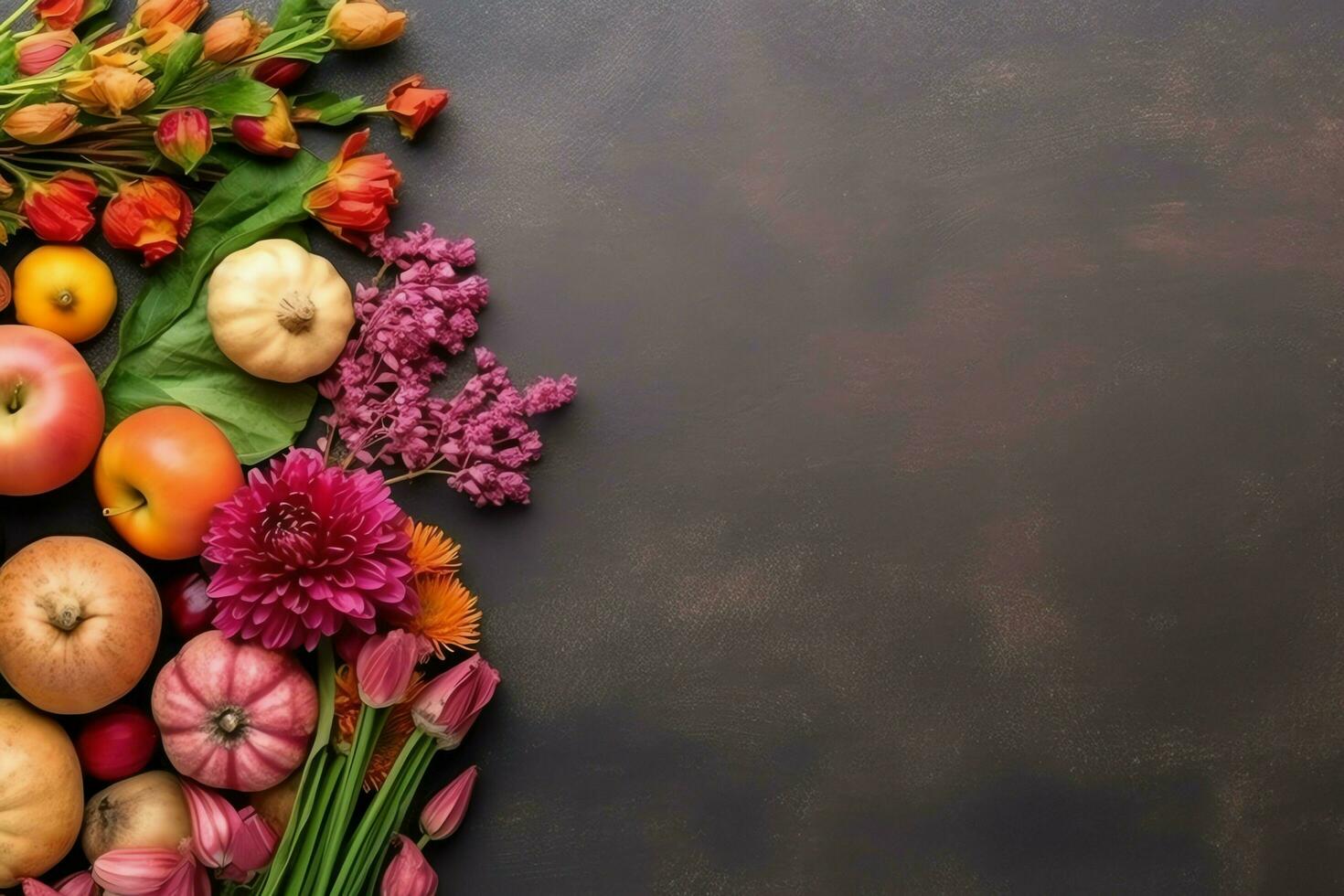 Thanksgiving day or autumn composition with pumpkin, oranges, leaves or chicken. Thanksgiving food concept by AI Generated photo