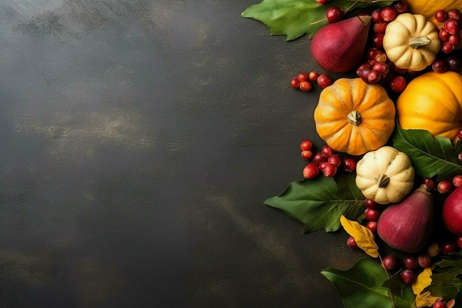 acción de gracias día o otoño composición con calabaza, naranjas, hojas o pollo. acción de gracias comida concepto por ai generado foto