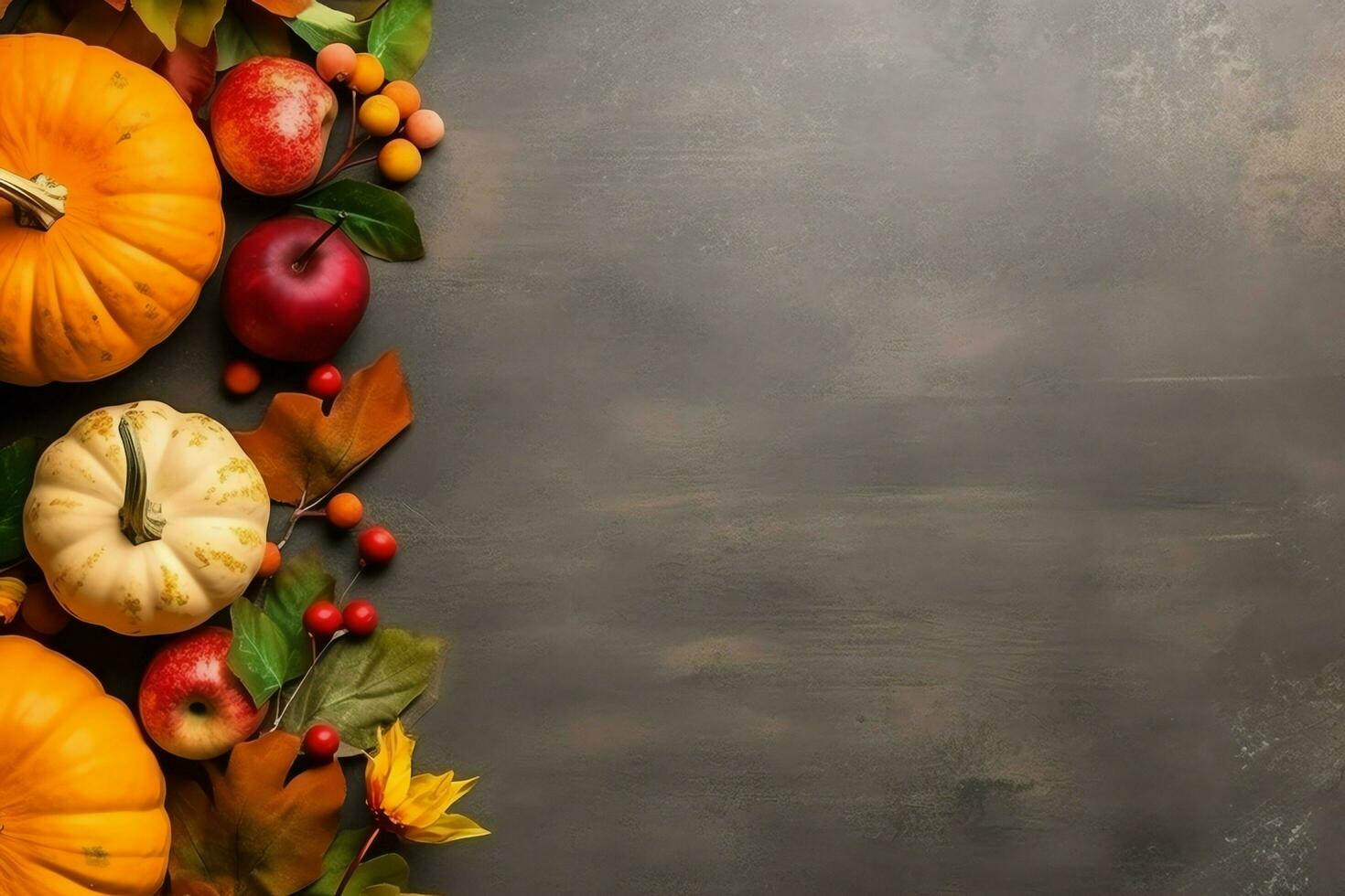 Thanksgiving day or autumn composition with pumpkin, oranges, leaves or chicken. Thanksgiving food concept by AI Generated photo