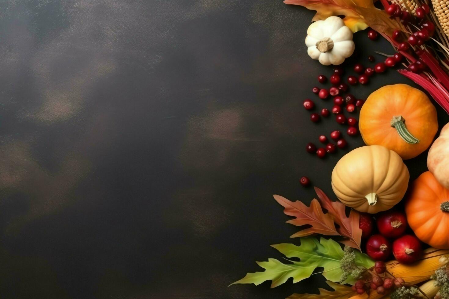 Thanksgiving day or autumn composition with pumpkin, oranges, leaves or chicken. Thanksgiving food concept by AI Generated photo