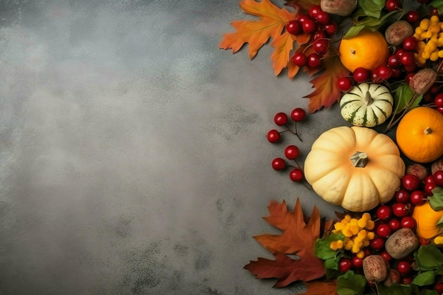 Thanksgiving day or autumn composition with pumpkin, oranges, leaves or chicken. Thanksgiving food concept by AI Generated photo