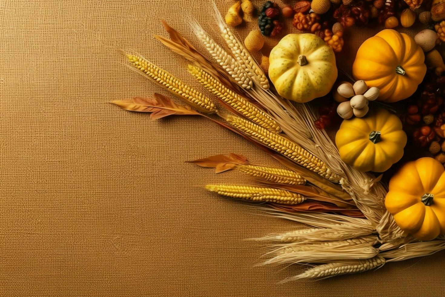 Thanksgiving day or autumn composition with pumpkin, oranges, leaves or chicken. Thanksgiving food concept by AI Generated photo