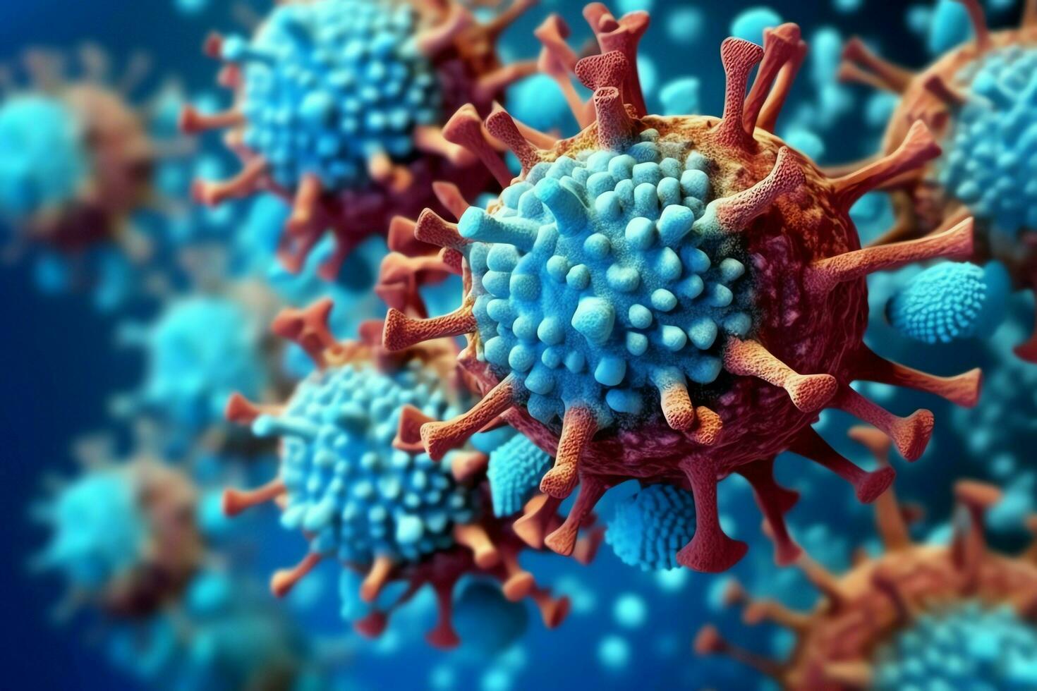 3D render of a medical with virus cells bacteria. Multiple realistic coronavirus particles floating concept by AI Generated photo