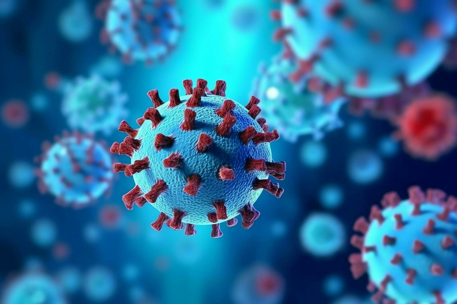 3D render of a medical with virus cells bacteria. Multiple realistic coronavirus particles floating concept by AI Generated photo