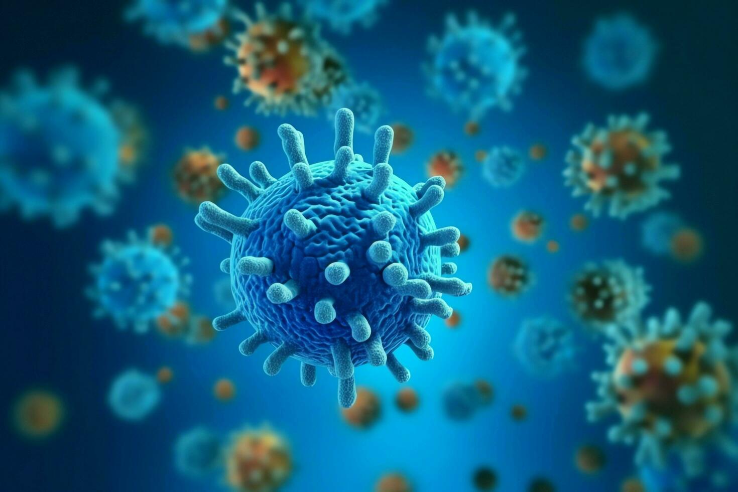 3D render of a medical with virus cells bacteria. Multiple realistic coronavirus particles floating concept by AI Generated photo