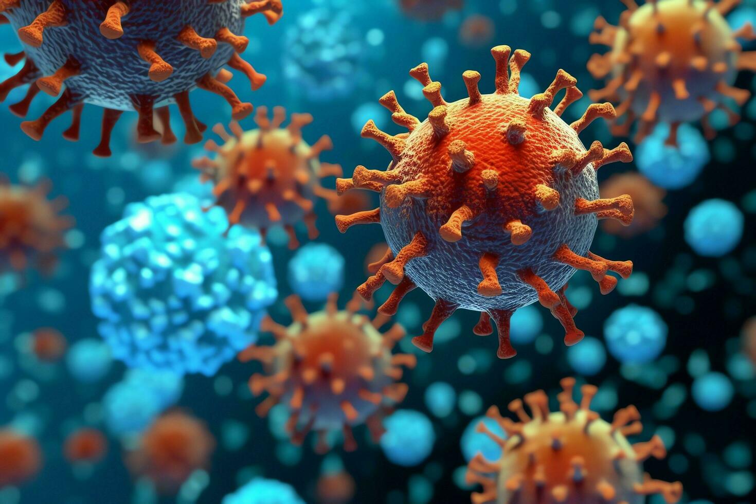 3D render of a medical with virus cells bacteria. Multiple realistic coronavirus particles floating concept by AI Generated photo