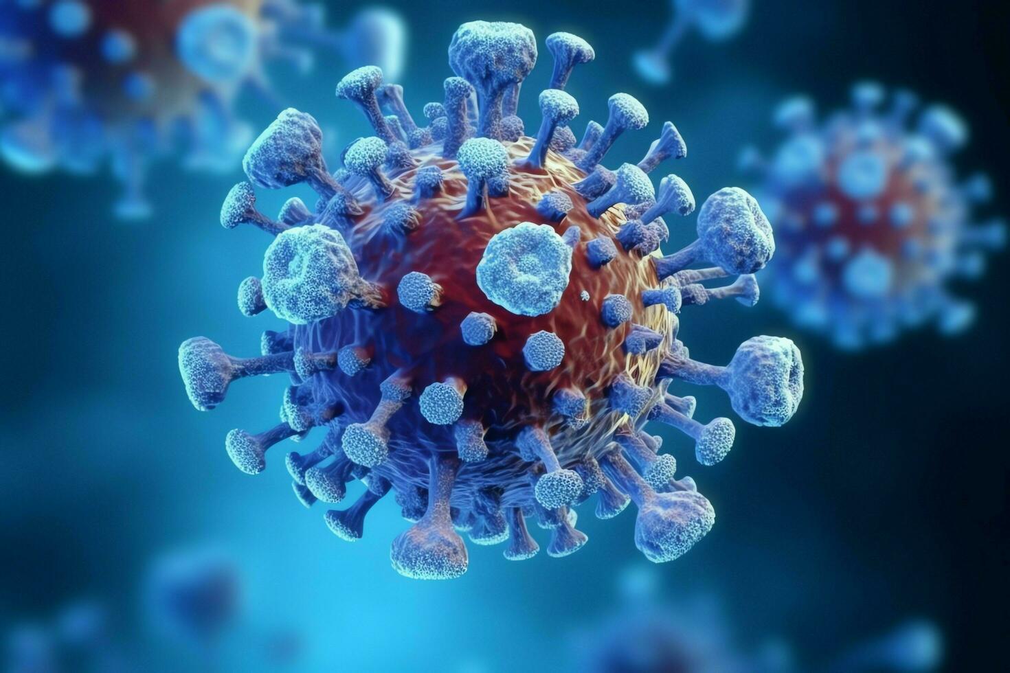 3D render of a medical with virus cells bacteria. Multiple realistic coronavirus particles floating concept by AI Generated photo