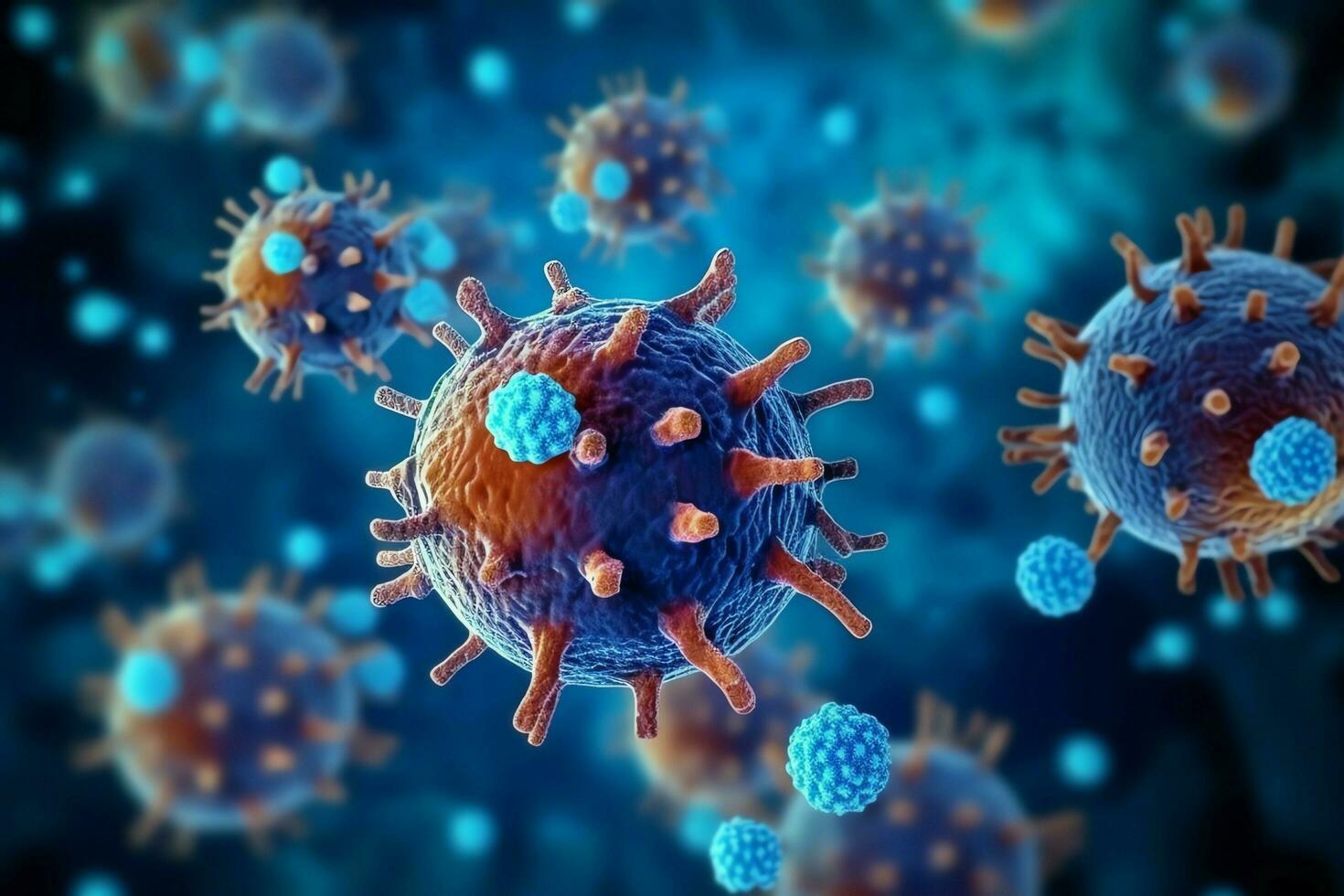 3D render of a medical with virus cells bacteria. Multiple realistic coronavirus particles floating concept by AI Generated photo