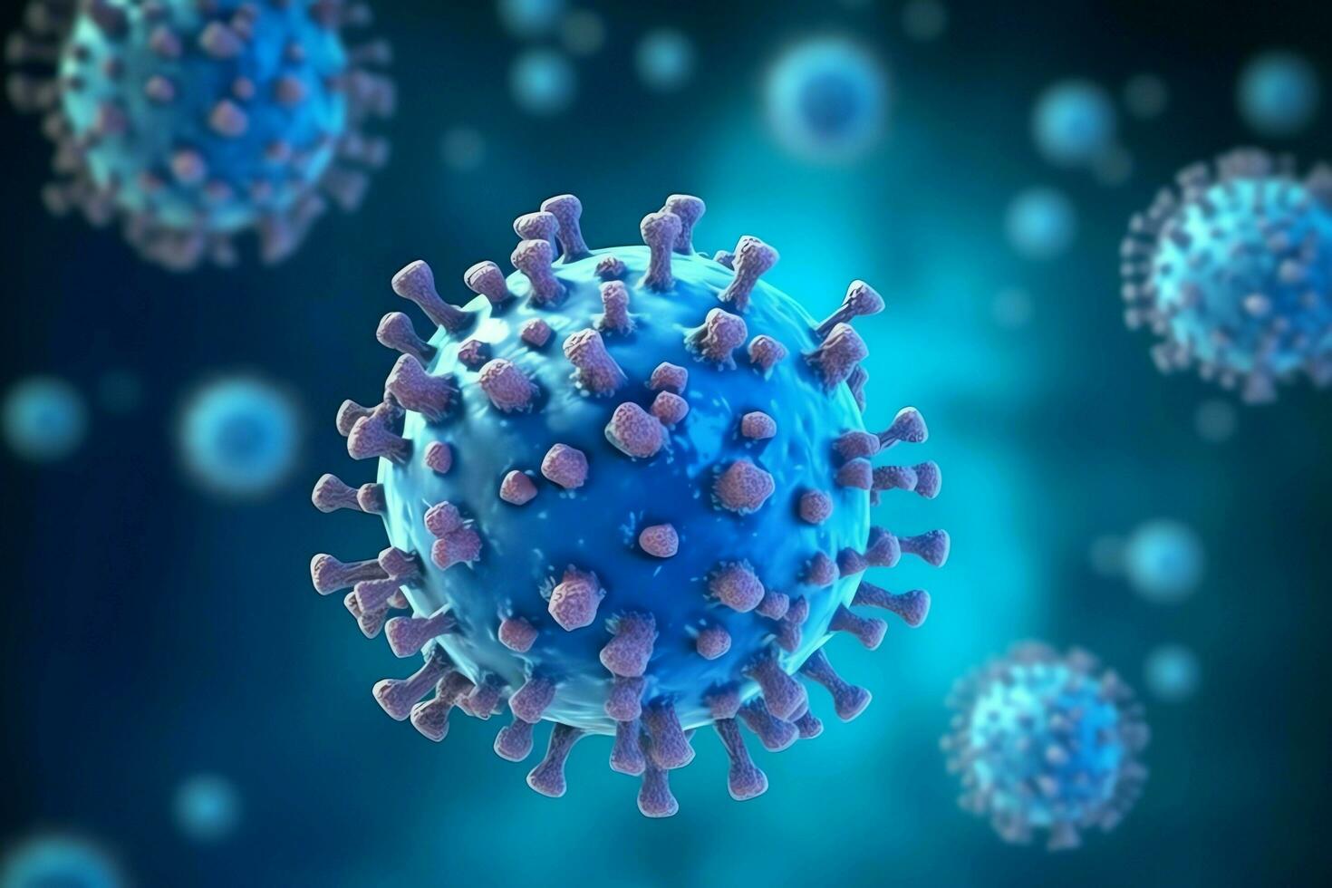 3D render of a medical with virus cells bacteria. Multiple realistic coronavirus particles floating concept by AI Generated photo