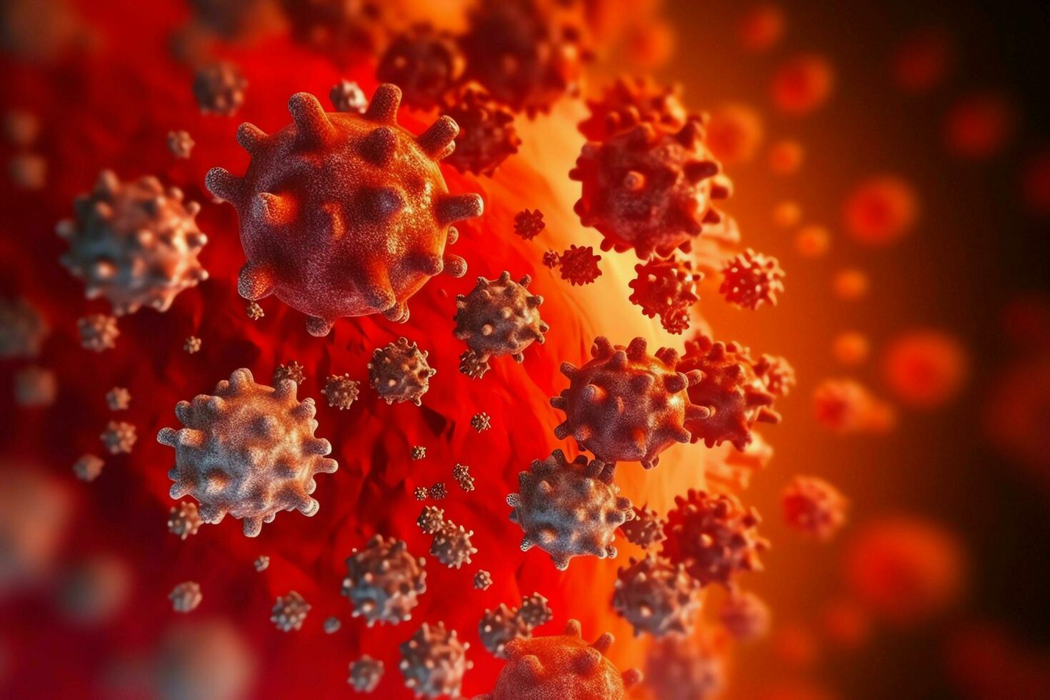 3D render of a medical with virus cells bacteria. Multiple realistic coronavirus particles floating concept by AI Generated photo