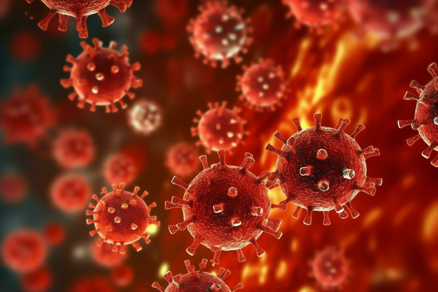 3D render of a medical with virus cells bacteria. Multiple realistic coronavirus particles floating concept by AI Generated photo
