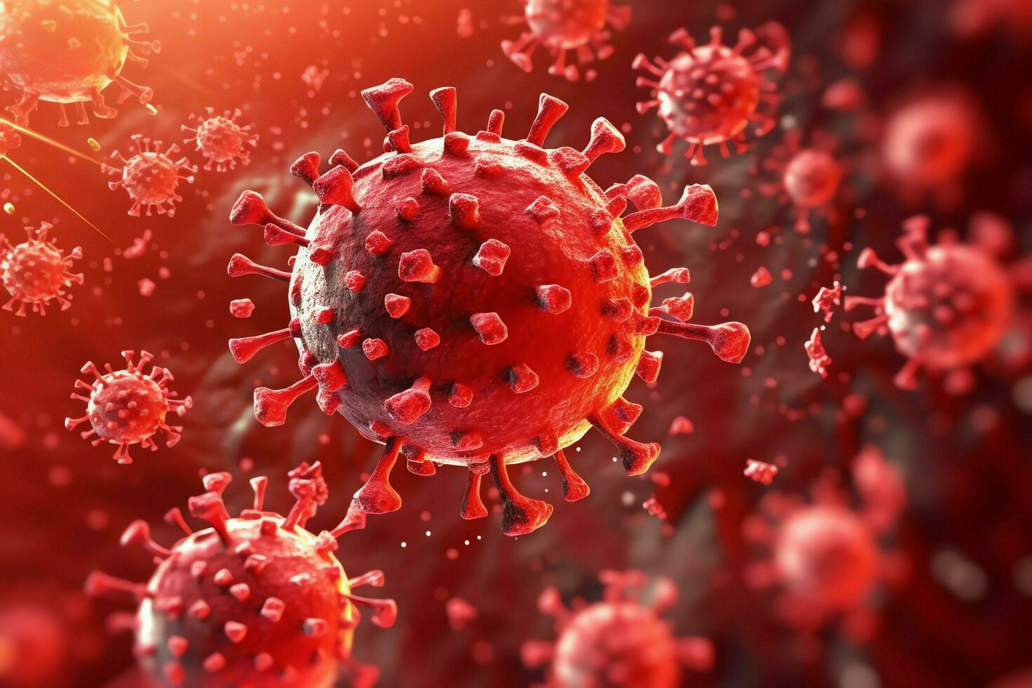 3D render of a medical with virus cells bacteria. Multiple realistic coronavirus particles floating concept by AI Generated photo