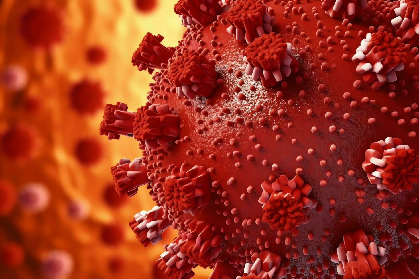 3D render of a medical with virus cells bacteria. Multiple realistic coronavirus particles floating concept by AI Generated photo
