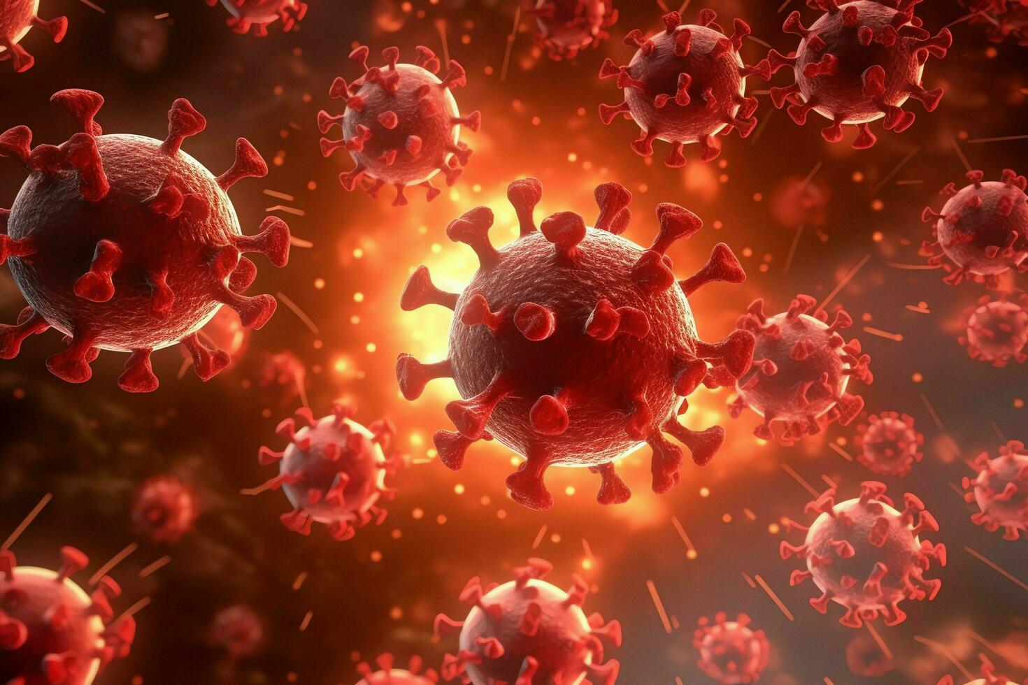 3D render of a medical with virus cells bacteria. Multiple realistic coronavirus particles floating concept by AI Generated photo