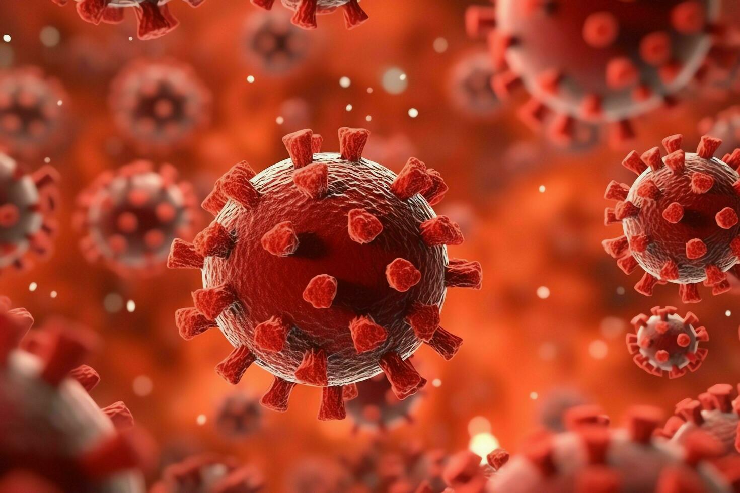 3D render of a medical with virus cells bacteria. Multiple realistic coronavirus particles floating concept by AI Generated photo