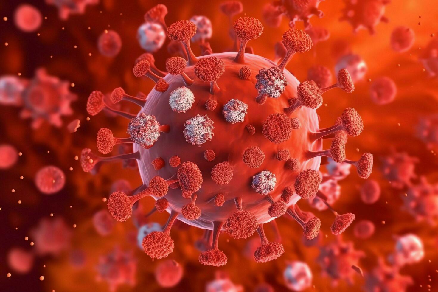3D render of a medical with virus cells bacteria. Multiple realistic coronavirus particles floating concept by AI Generated photo
