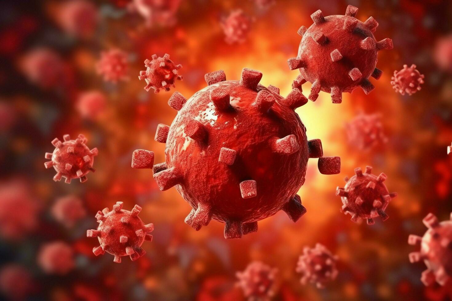 3D render of a medical with virus cells bacteria. Multiple realistic coronavirus particles floating concept by AI Generated photo