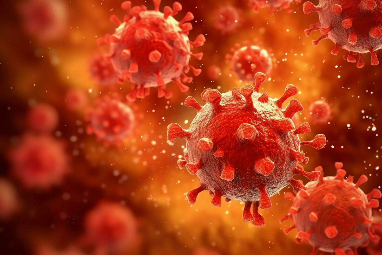 3D render of a medical with virus cells bacteria. Multiple realistic coronavirus particles floating concept by AI Generated photo