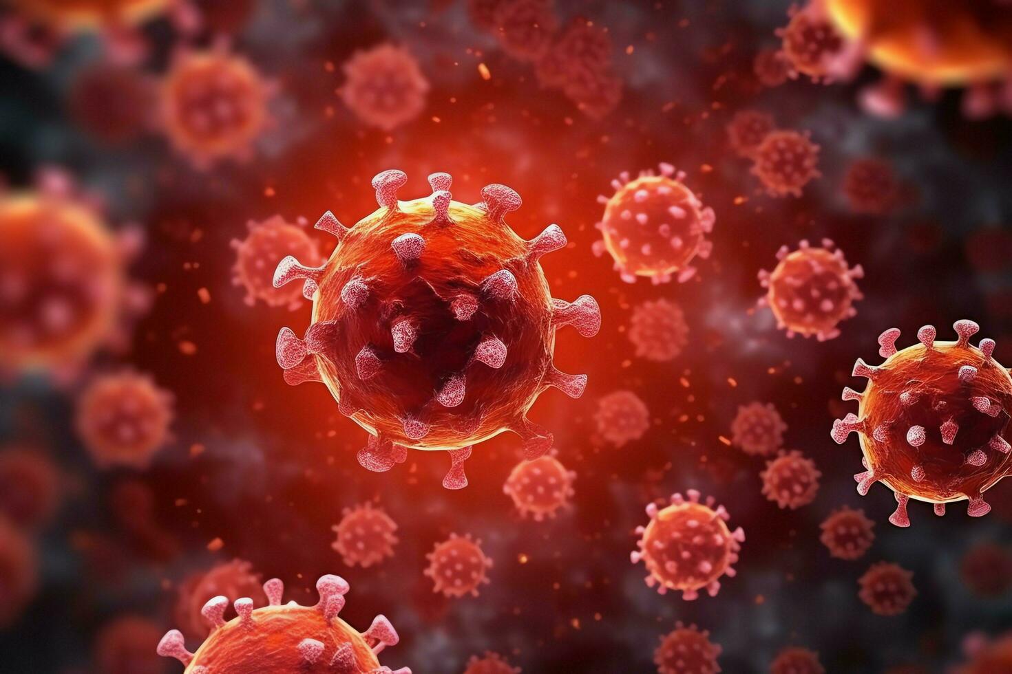 3D render of a medical with virus cells bacteria. Multiple realistic coronavirus particles floating concept by AI Generated photo