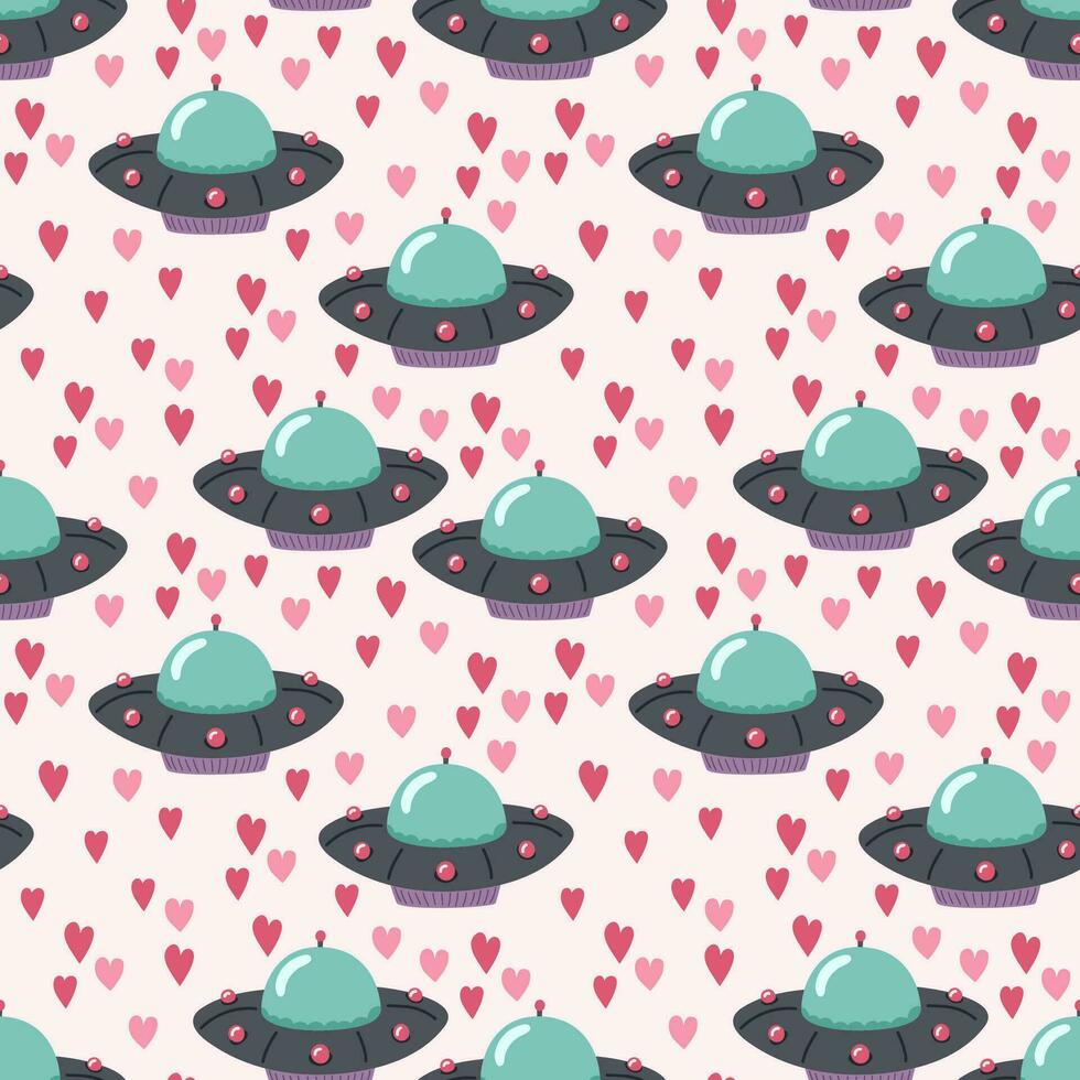 UFO and hearts. Seamless pattern. Vector illustration