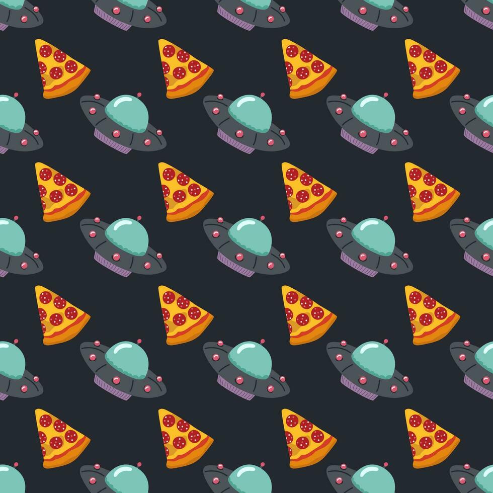 UFO and pizza. Seamless pattern on a dark background. Vector illustration