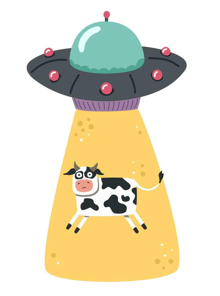 UFOs abduct a cow, aliens. Vector illustration isolated on white background