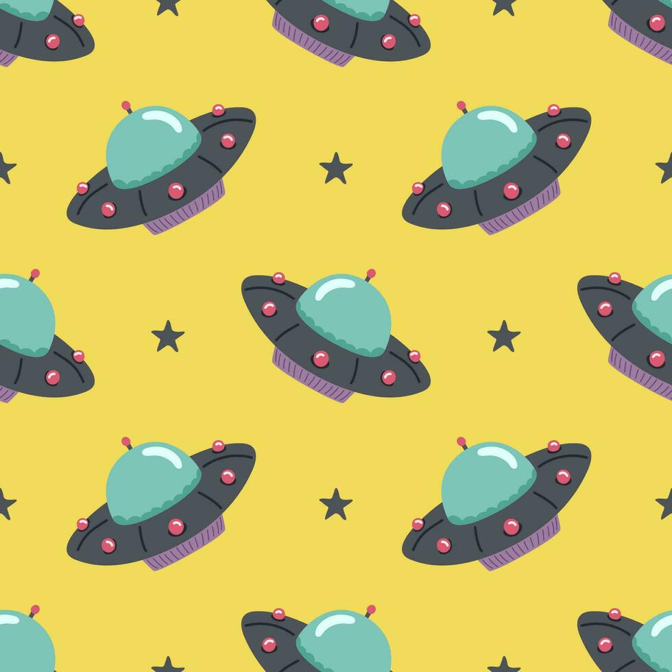 Flying saucer. Seamless pattern on a yellow background. Vector illustration