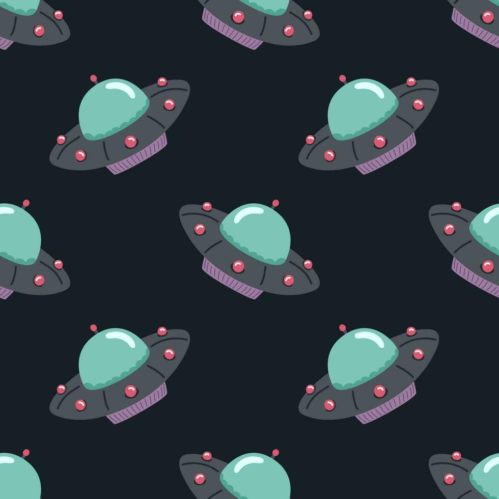 Flying saucer. Seamless pattern on a dark background. Vector illustration