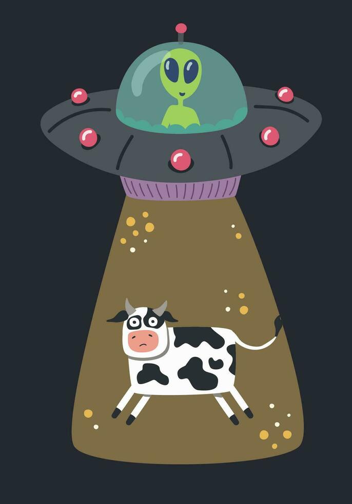 UFOs abduct a cow, aliens. Vector illustration isolated on white background