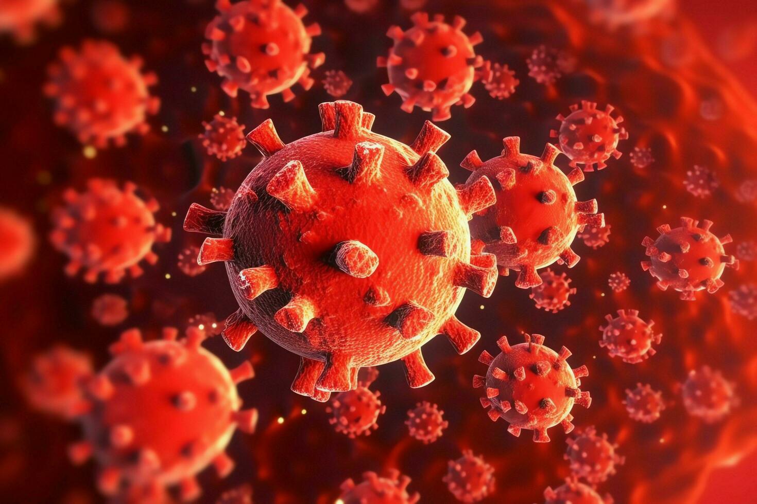 3D render of a medical with virus cells bacteria. Multiple realistic coronavirus particles floating concept by AI Generated photo