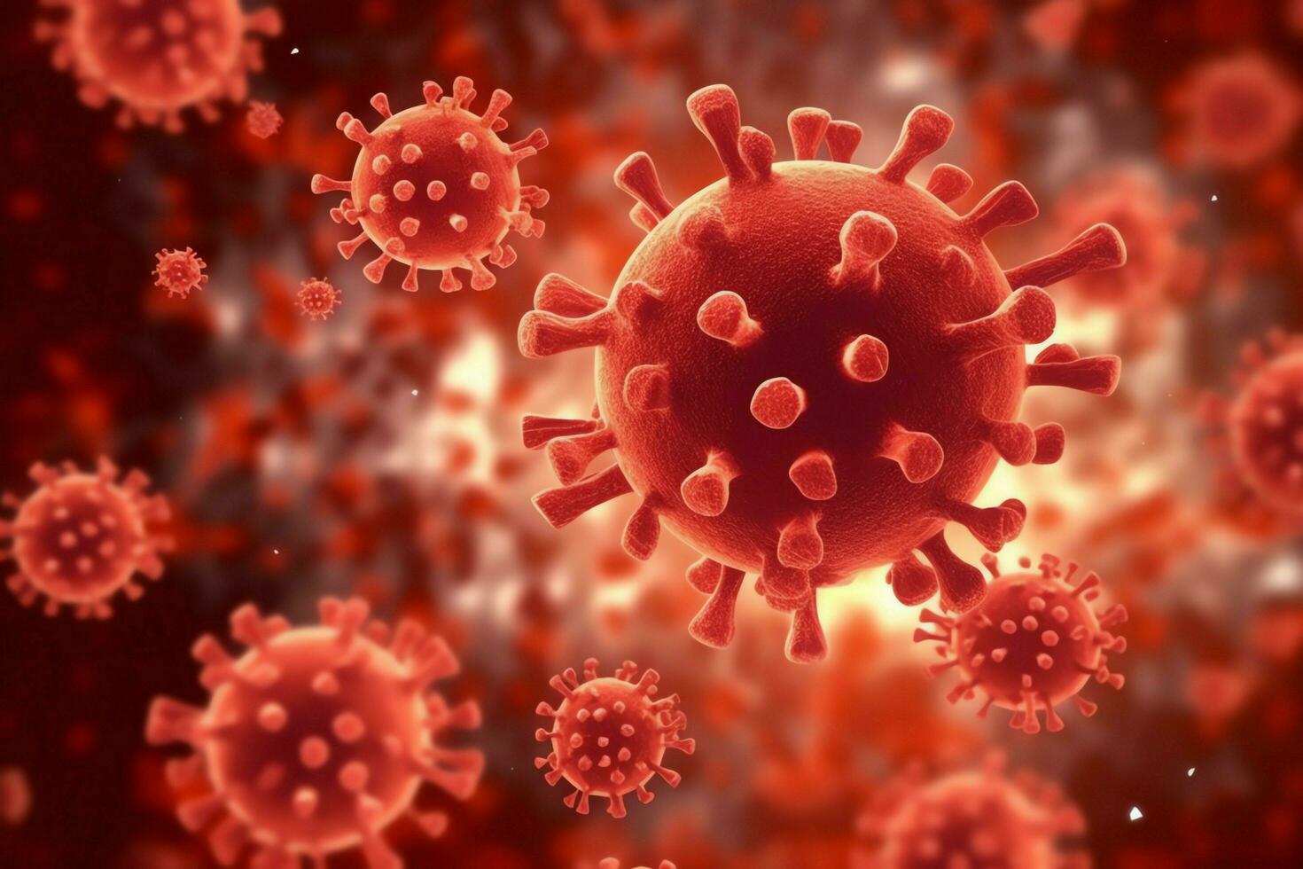 3D render of a medical with virus cells bacteria. Multiple realistic coronavirus particles floating concept by AI Generated photo