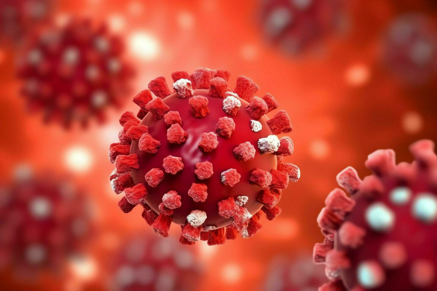 3D render of a medical with virus cells bacteria. Multiple realistic coronavirus particles floating concept by AI Generated photo